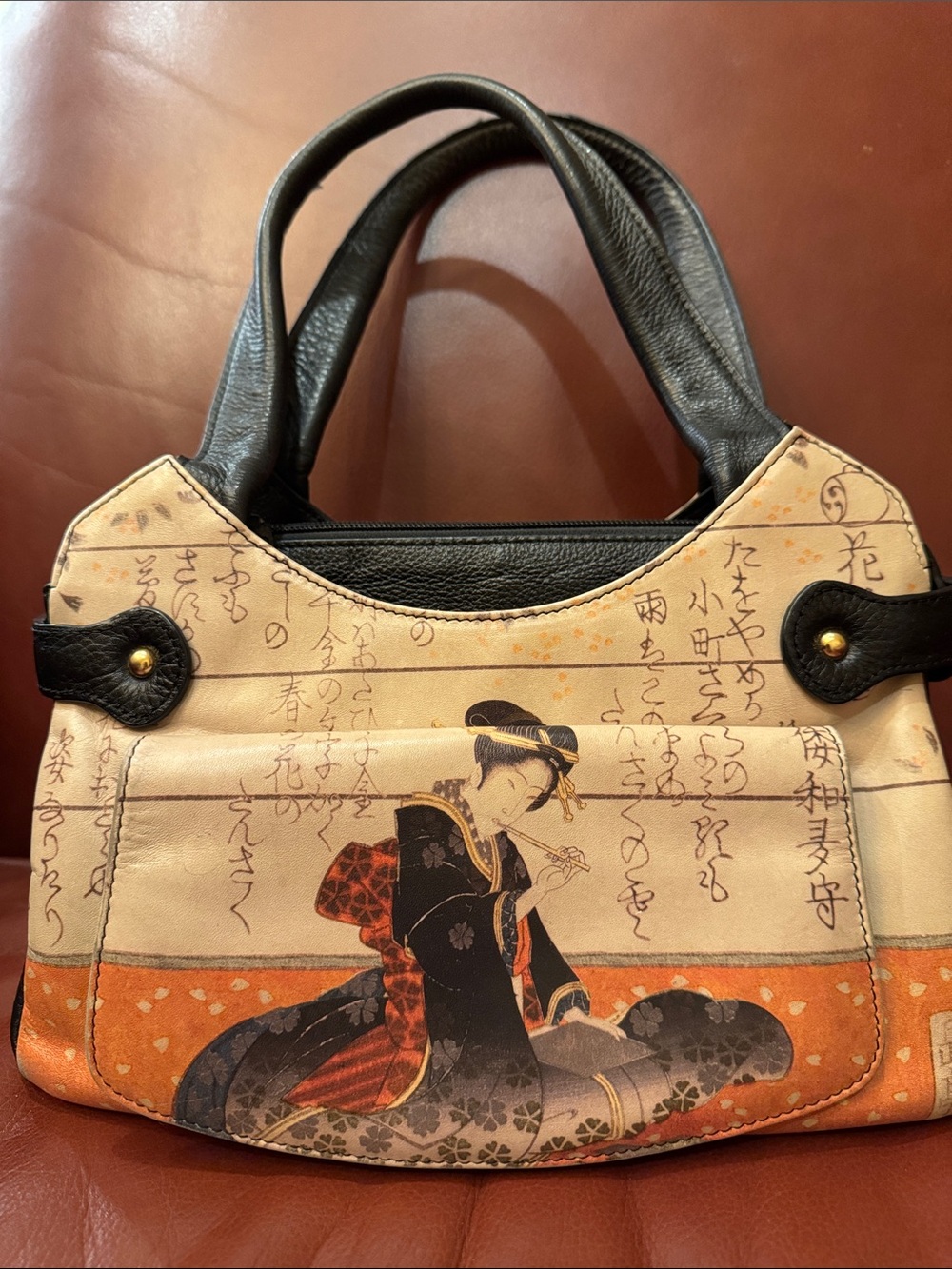 ICON Los Angeles Leather Shoulder bag Japanese Print in Cream, Orange and Black